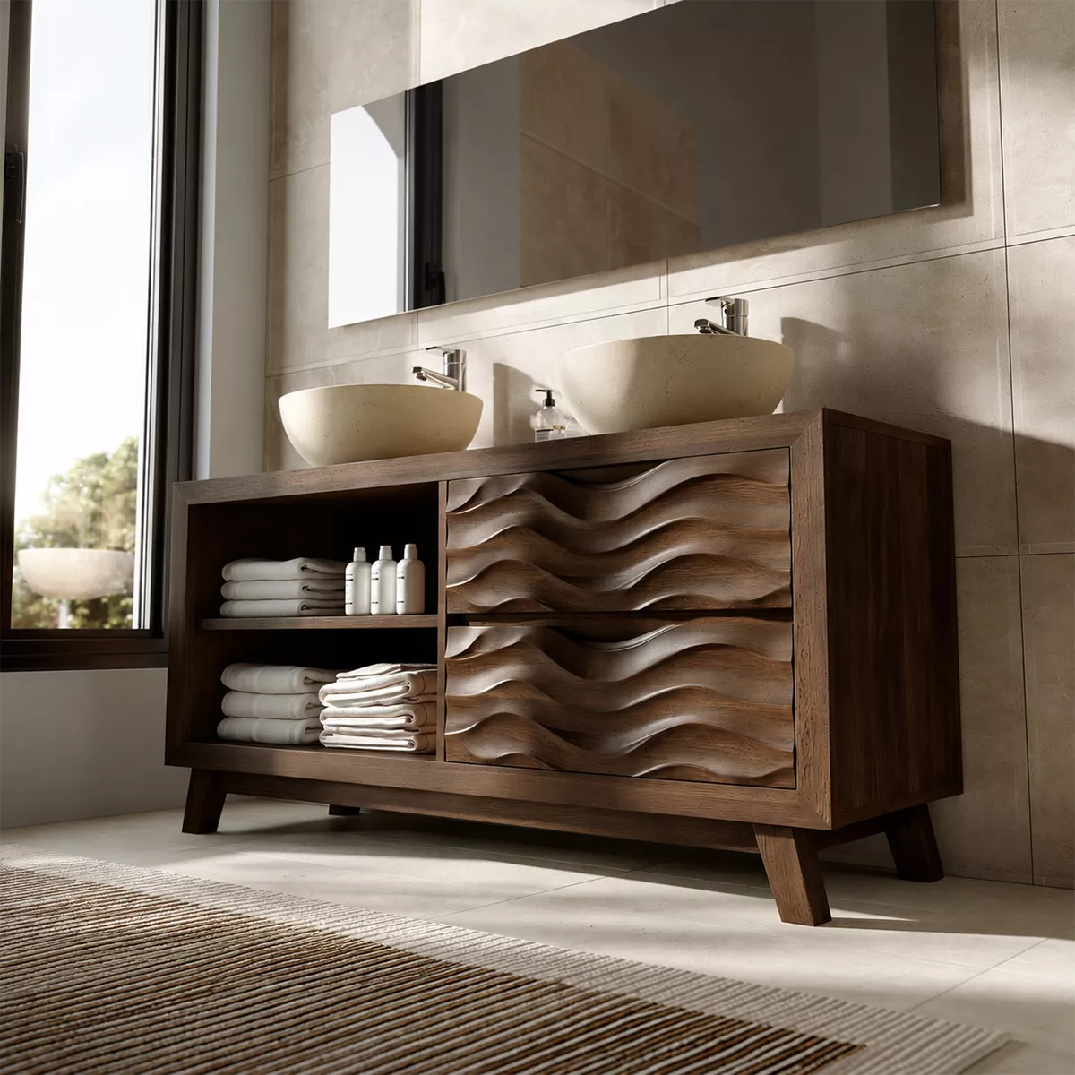 Double Sink Solid Wood Bathroom Vanity With Open Shelf And Carved Wave Drawer Storage - Livewoodcraft - 7