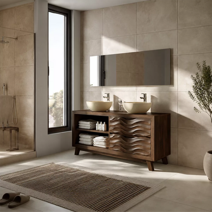 Double Sink Solid Wood Bathroom Vanity With Open Shelf And Carved Wave Drawer Storage - Livewoodcraft - 8