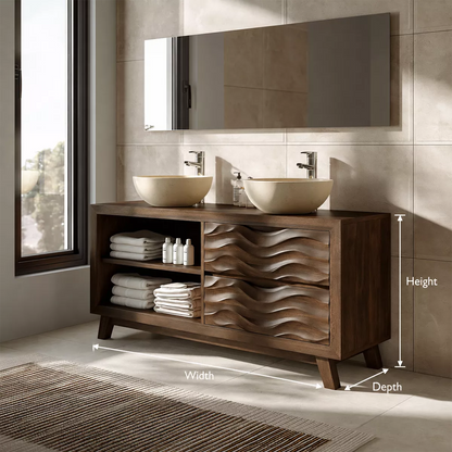 Double Sink Solid Wood Bathroom Vanity With Open Shelf And Carved Wave Drawer Storage - Livewoodcraft - 9