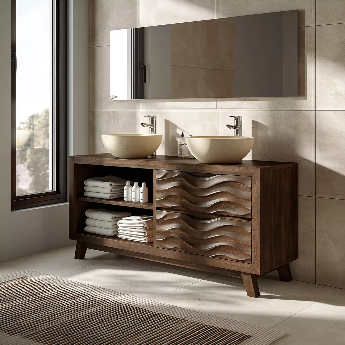 Double Sink Solid Wood Bathroom Vanity With Open Shelf And Carved Wave Drawer Storage - Livewoodcraft