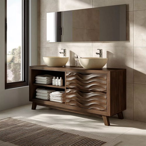 Double Sink Solid Wood Bathroom Vanity With Open Shelf And Carved Wave Drawer Storage - Livewoodcraft