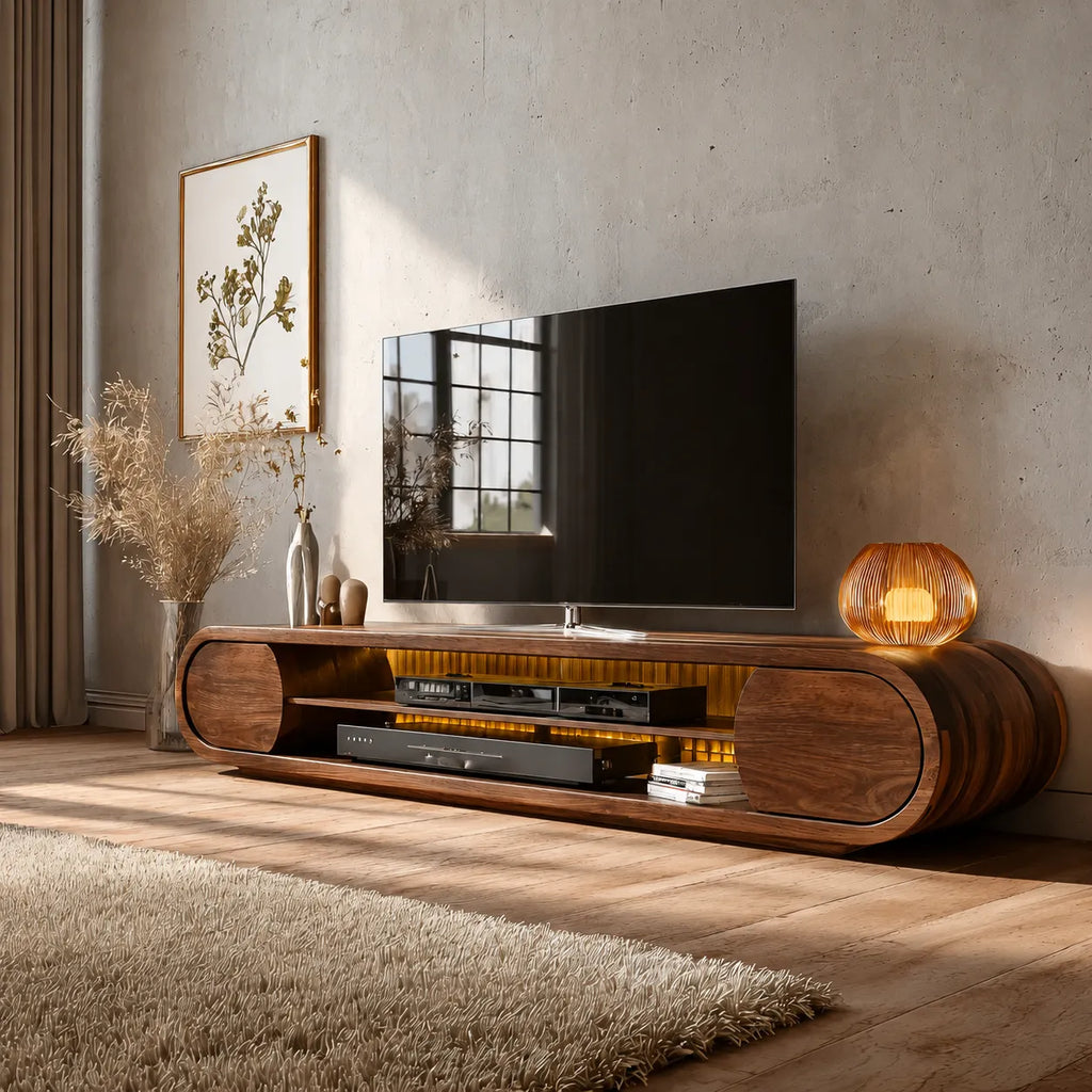 Rounded Modern TV Stand with Open Media Storage and Ambient Lighting