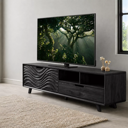 Handcrafted Solid Wood TV Stand With Sculptural Wave Carved Doors And Open Storage Shelves