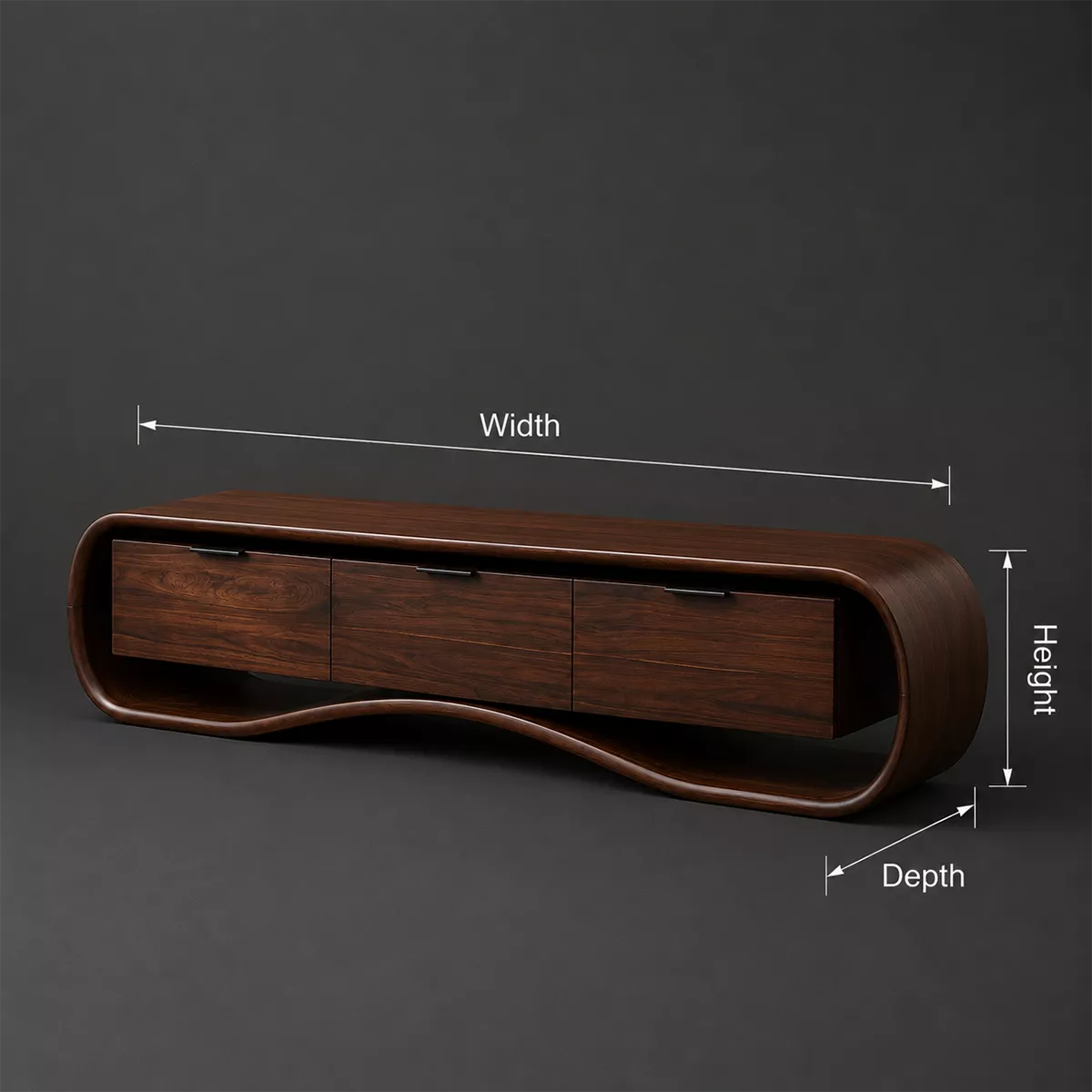 Rounded Walnut Wood TV Stand With Curved Base And Hidden Drawer Storage For Living Room