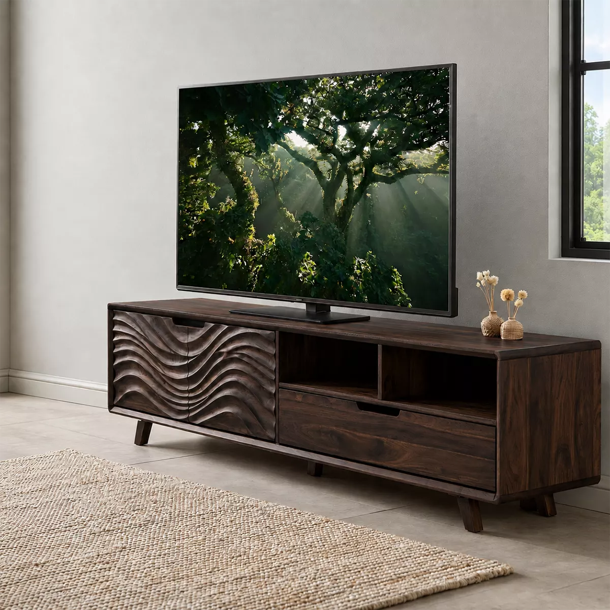 Handcrafted Solid Wood TV Stand With Sculptural Wave Carved Doors And Open Storage Shelves