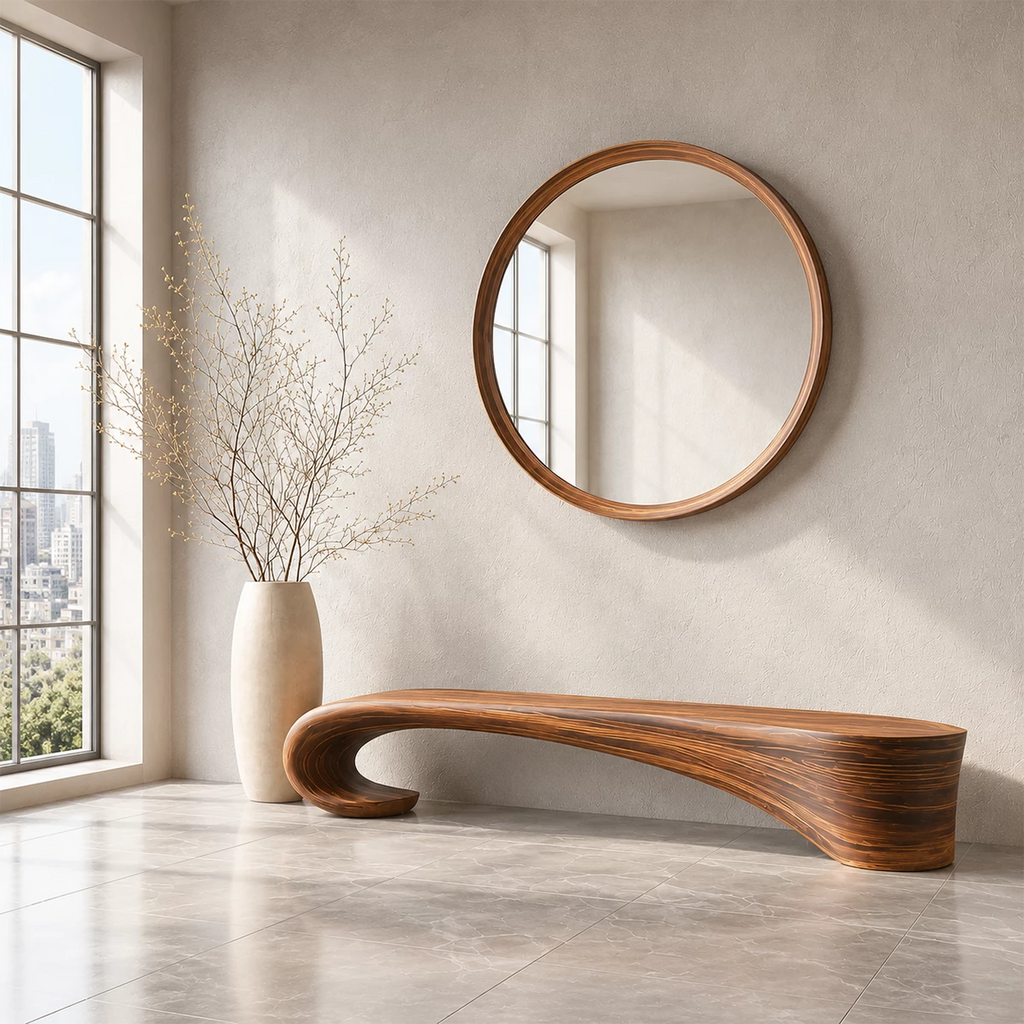 Sculptural Wave Wood Bench – Organic Natural Wood Entryway Bench for Modern Interior