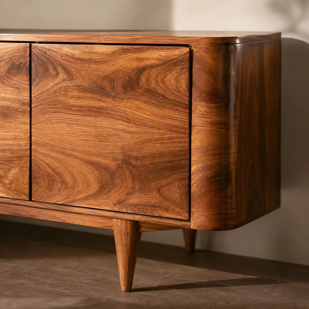 Rounded Natural Solid Wood TV Stand with Four Door Cabinet Storage