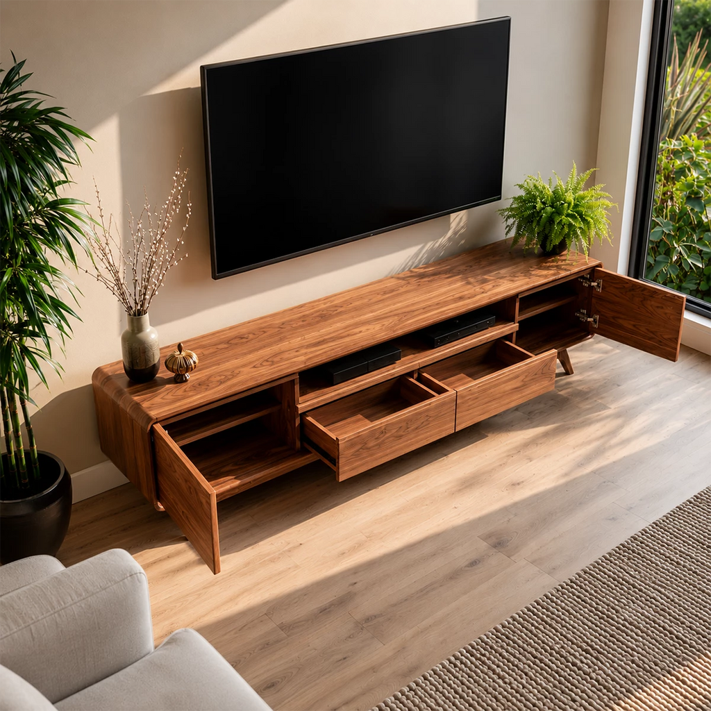 Natural Solid Wood TV Stand with Two Drawers, Side Cabinets and Open Shelf