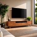 Natural Solid Wood TV Stand with Two Drawers, Side Cabinets and Open Shelf