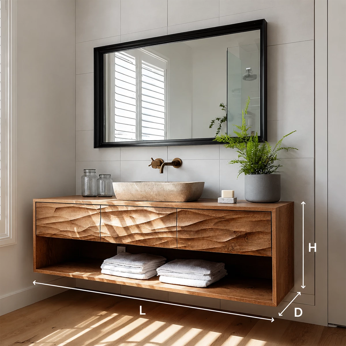 Floating Bathroom Vanity with Hand-Carved Wave Drawers in Natural Solid Wood - Livewoodcraft - 10