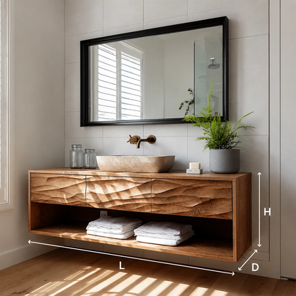 Floating Bathroom Vanity with Hand-Carved Wave Drawers in Natural Solid Wood - Livewoodcraft - 10