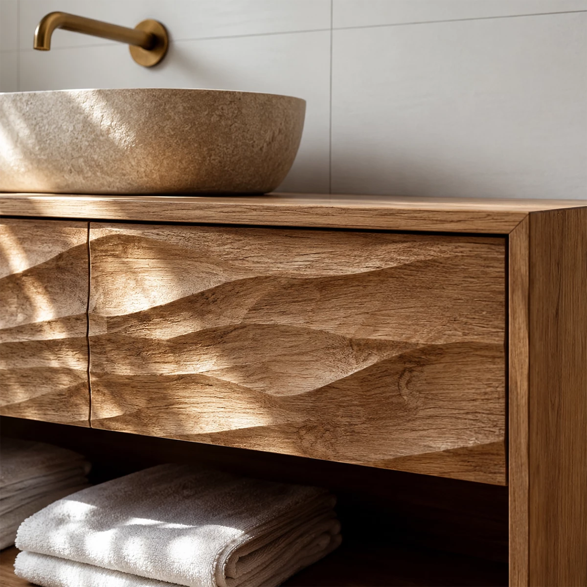 Floating Bathroom Vanity with Hand-Carved Wave Drawers in Natural Solid Wood - Livewoodcraft - 2