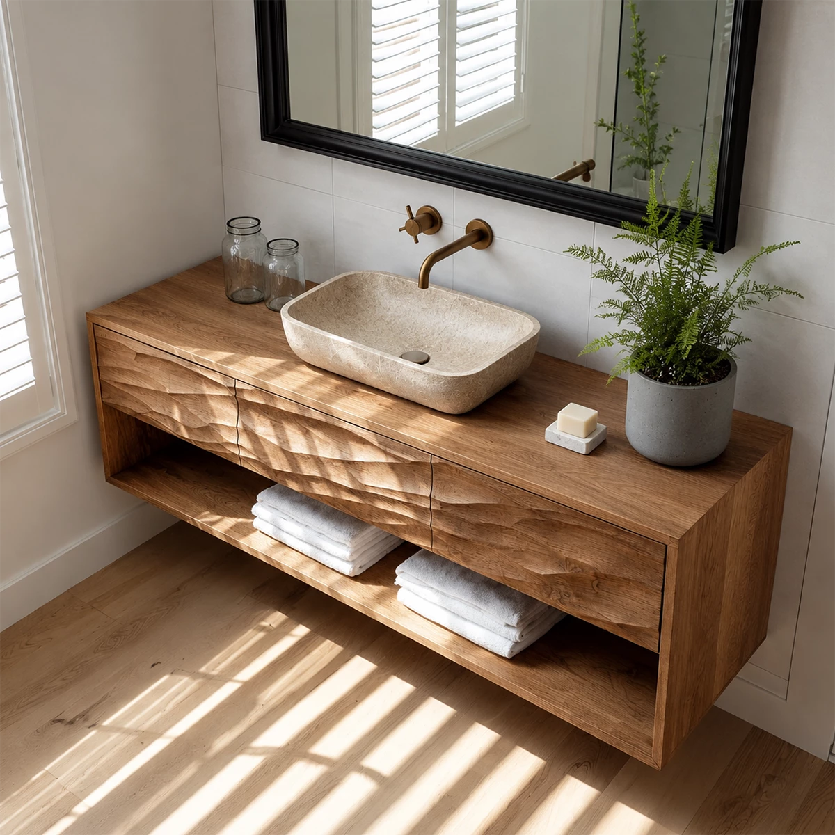Floating Bathroom Vanity with Hand-Carved Wave Drawers in Natural Solid Wood - Livewoodcraft - 3