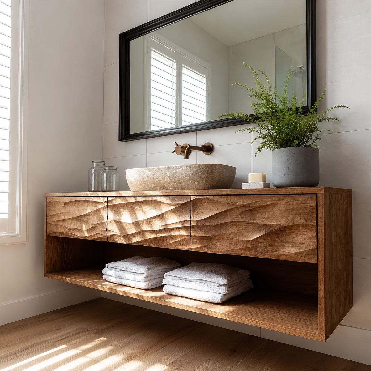Floating Bathroom Vanity with Hand-Carved Wave Drawers in Natural Solid Wood - Livewoodcraft - 4