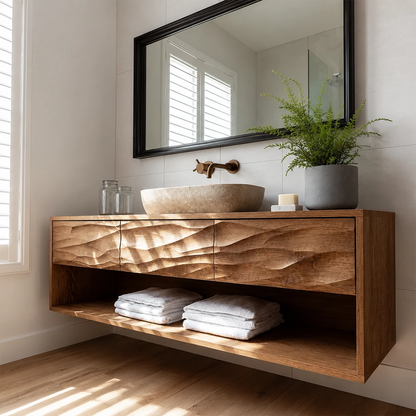Floating Bathroom Vanity with Hand-Carved Wave Drawers in Natural Solid Wood - Livewoodcraft - 4