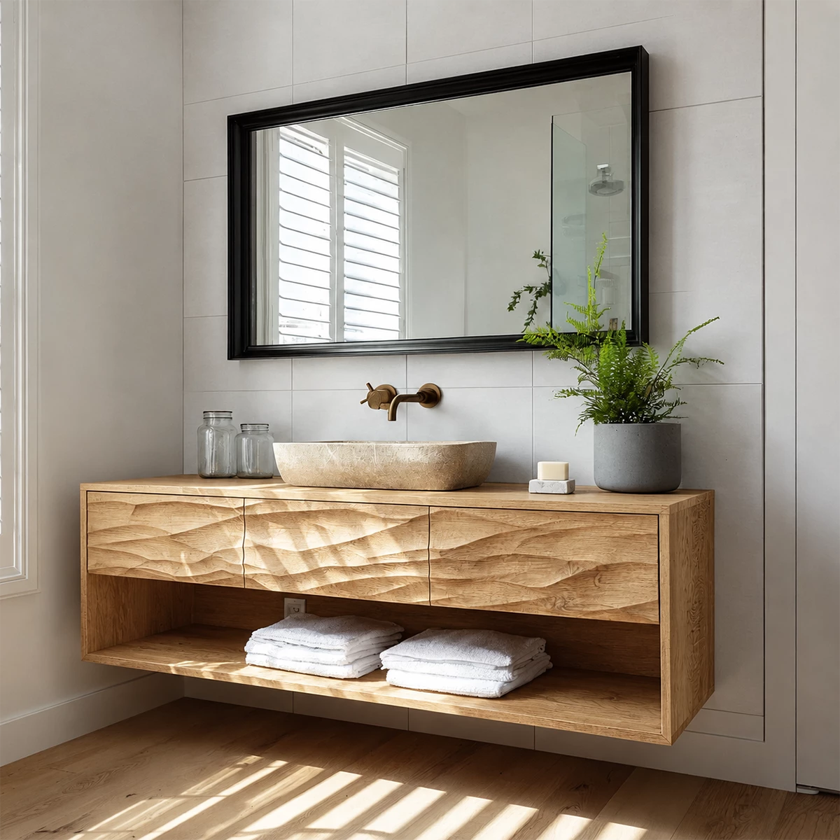 Floating Bathroom Vanity with Hand-Carved Wave Drawers in Natural Solid Wood - Livewoodcraft - 5