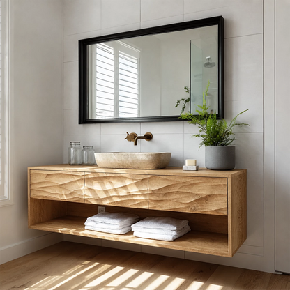 Floating Bathroom Vanity with Hand-Carved Wave Drawers in Natural Solid Wood - Livewoodcraft - 5