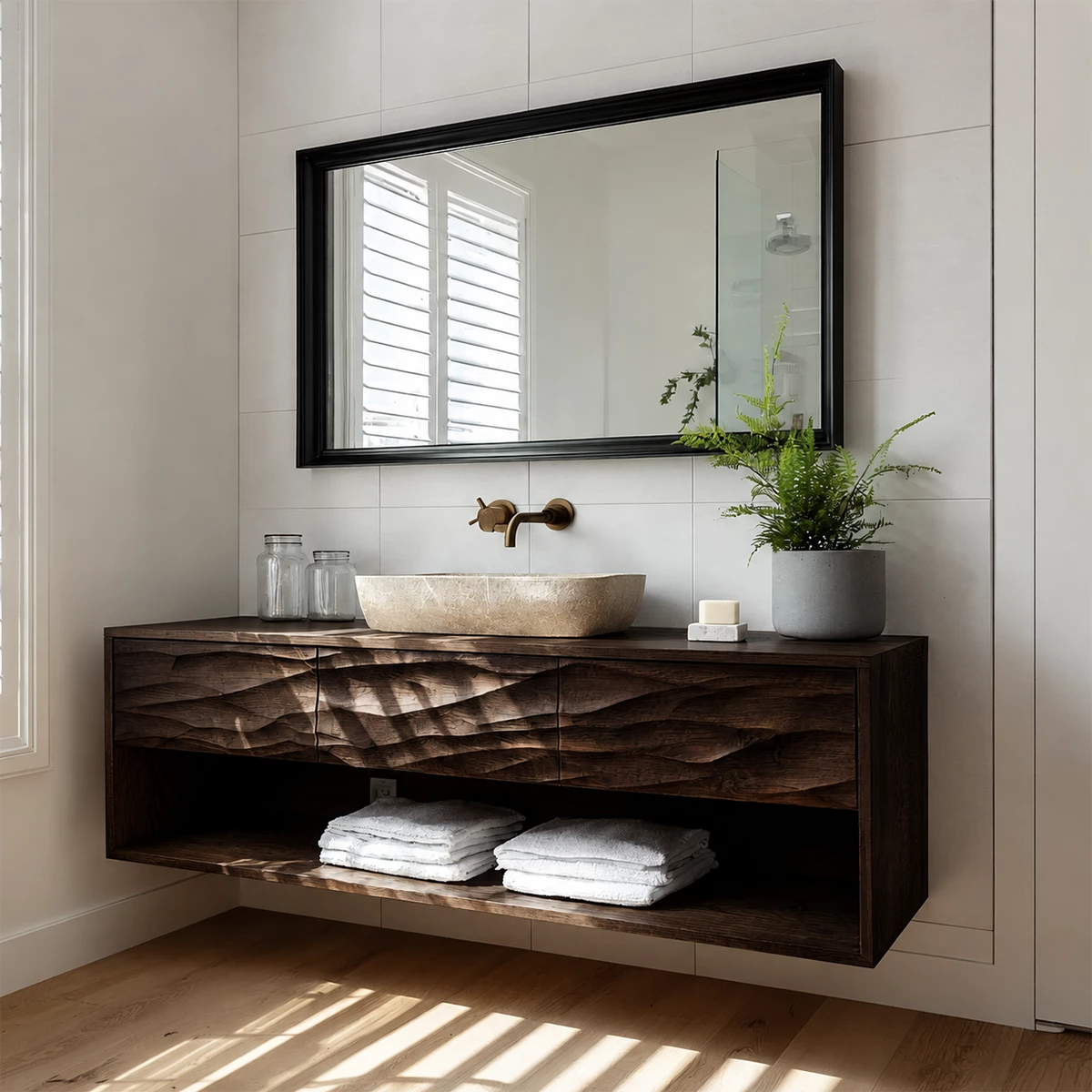 Floating Bathroom Vanity with Hand-Carved Wave Drawers in Natural Solid Wood - Livewoodcraft - 6