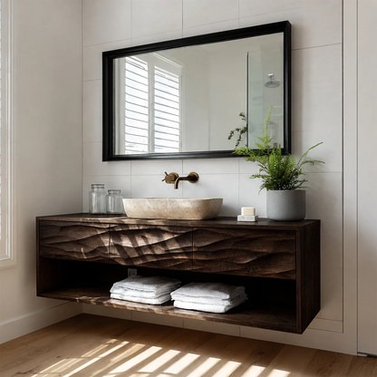 Floating Bathroom Vanity with Hand-Carved Wave Drawers in Natural Solid Wood - Livewoodcraft - 6