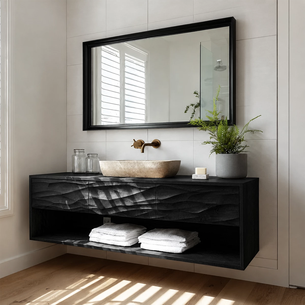 Floating Bathroom Vanity with Hand-Carved Wave Drawers in Natural Solid Wood - Livewoodcraft - 7