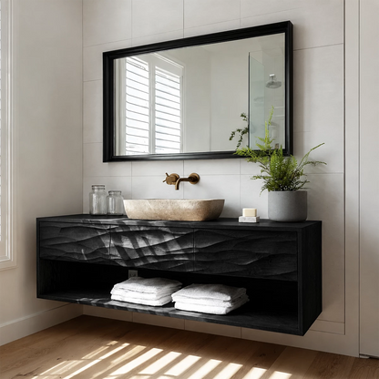 Floating Bathroom Vanity with Hand-Carved Wave Drawers in Natural Solid Wood - Livewoodcraft - 7