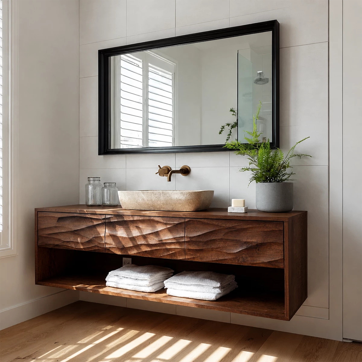 Floating Bathroom Vanity with Hand-Carved Wave Drawers in Natural Solid Wood - Livewoodcraft - 8