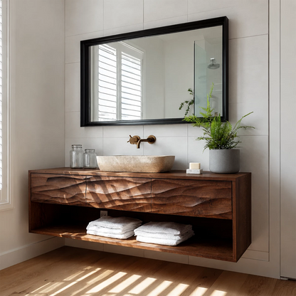 Floating Bathroom Vanity with Hand-Carved Wave Drawers in Natural Solid Wood - Livewoodcraft - 8
