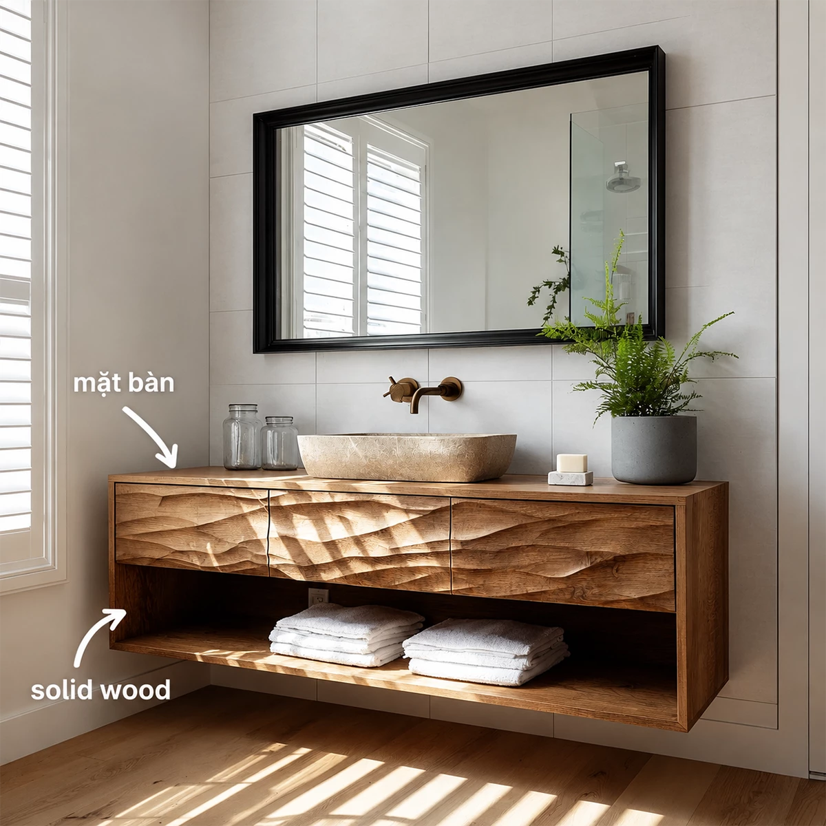 Floating Bathroom Vanity with Hand-Carved Wave Drawers in Natural Solid Wood - Livewoodcraft - 9