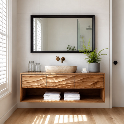 Floating Bathroom Vanity with Hand-Carved Wave Drawers in Natural Solid Wood - Livewoodcraft