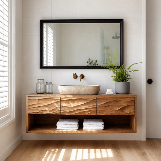 Floating Bathroom Vanity with Hand-Carved Wave Drawers in Natural Solid Wood - Livewoodcraft