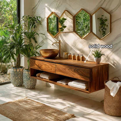 Floating Bathroom Vanity with Open Shelf and Dual Drawers in Natural Solid Wood - Livewoodcraft - 10