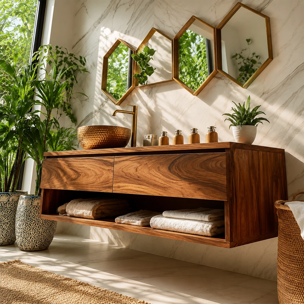 Floating Bathroom Vanity with Open Shelf and Dual Drawers in Natural Solid Wood - Livewoodcraft - 2