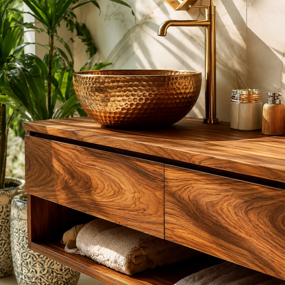 Floating Bathroom Vanity with Open Shelf and Dual Drawers in Natural Solid Wood - Livewoodcraft - 3