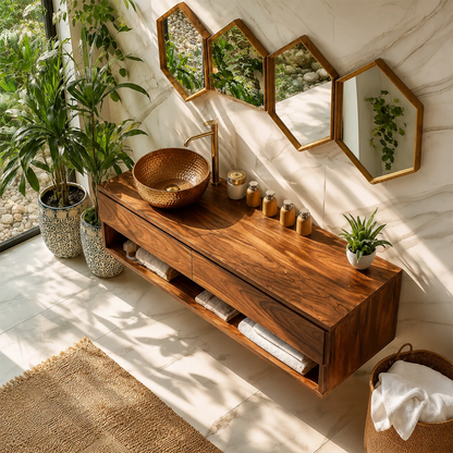 Floating Bathroom Vanity with Open Shelf and Dual Drawers in Natural Solid Wood - Livewoodcraft - 4