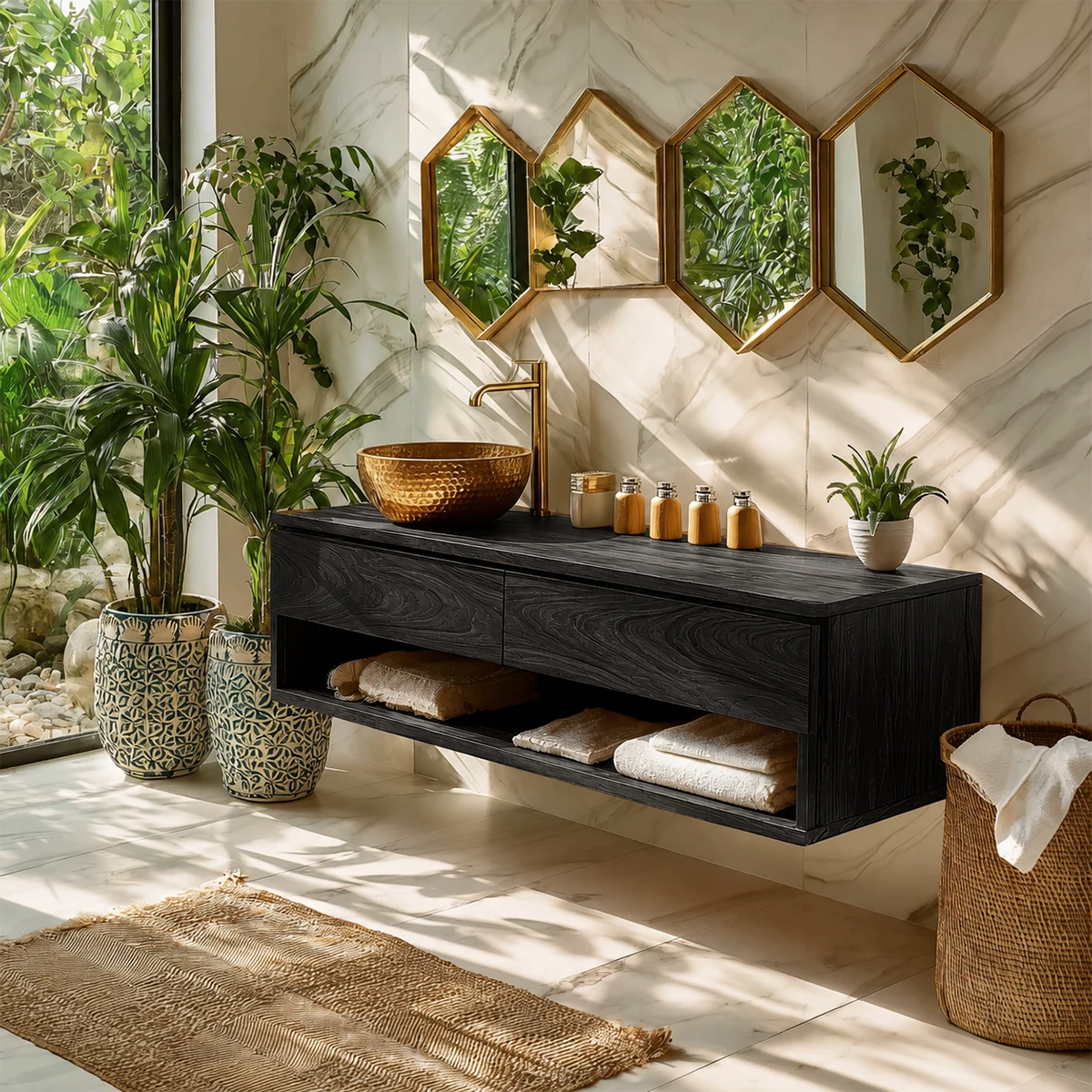 Floating Bathroom Vanity with Open Shelf and Dual Drawers in Natural Solid Wood - Livewoodcraft - 5