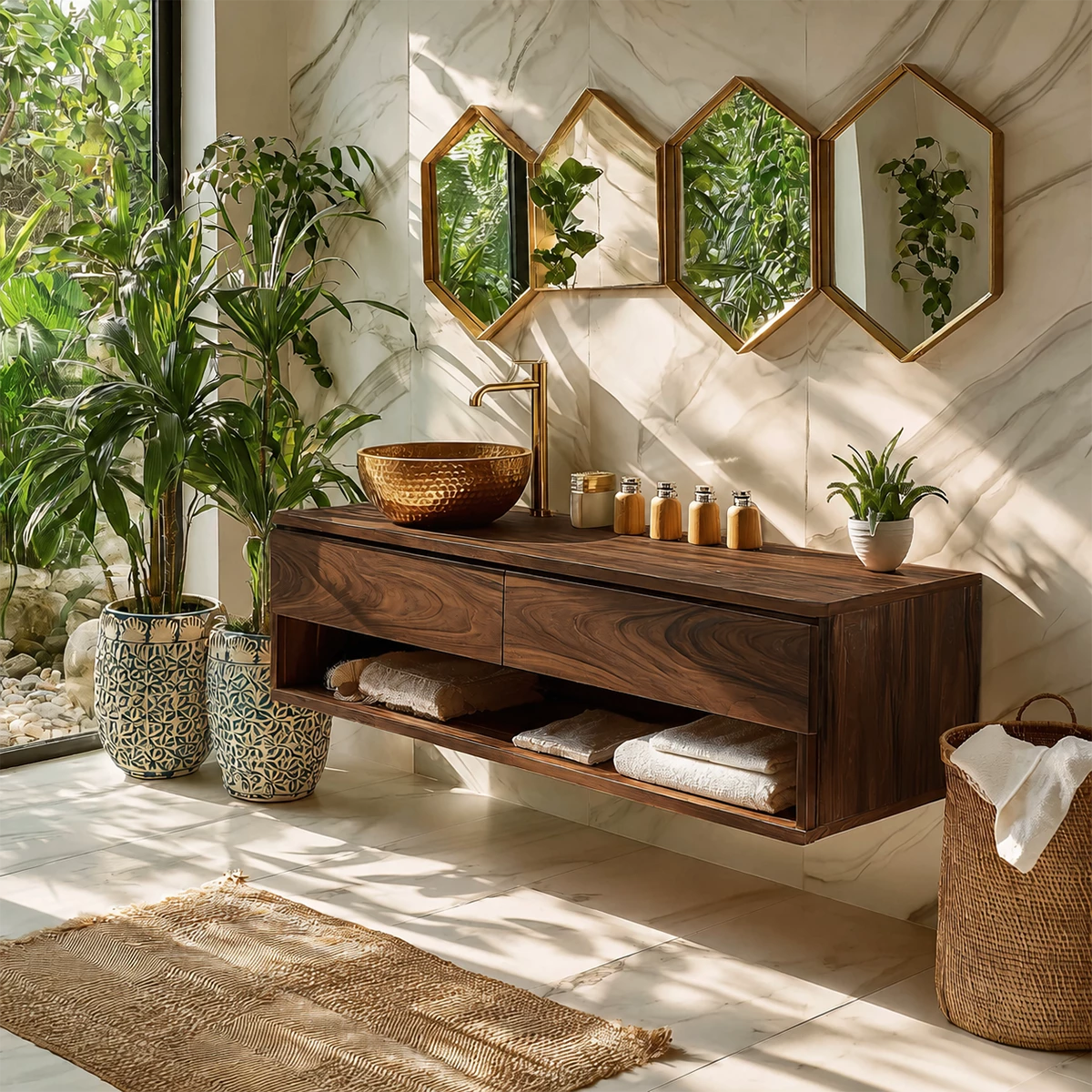 Floating Bathroom Vanity with Open Shelf and Dual Drawers in Natural Solid Wood - Livewoodcraft - 6