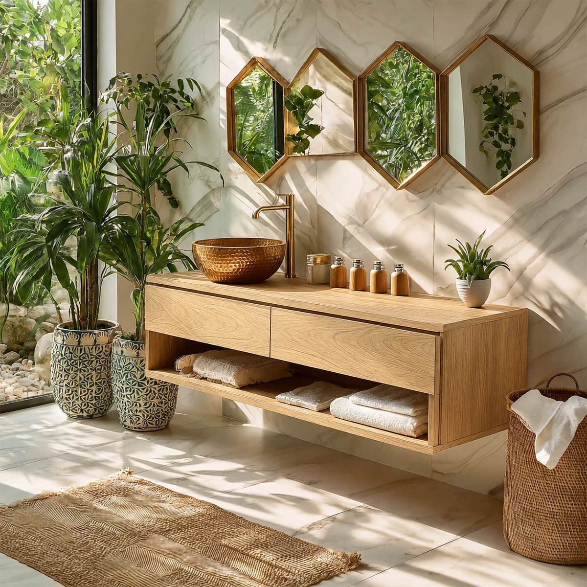 Floating Bathroom Vanity with Open Shelf and Dual Drawers in Natural Solid Wood - Livewoodcraft - 7