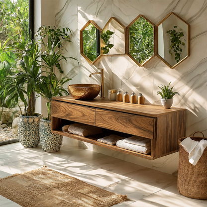 Floating Bathroom Vanity with Open Shelf and Dual Drawers in Natural Solid Wood - Livewoodcraft - 8