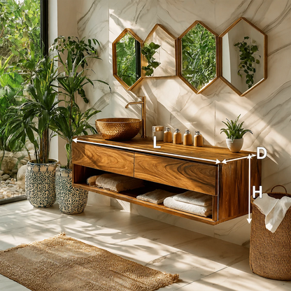 Floating Bathroom Vanity with Open Shelf and Dual Drawers in Natural Solid Wood - Livewoodcraft - 9