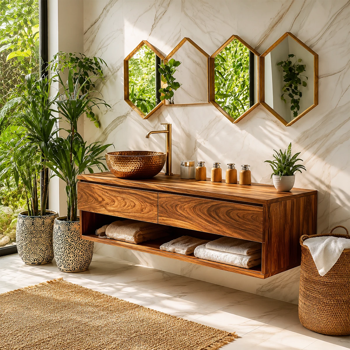 Floating Bathroom Vanity with Open Shelf and Dual Drawers in Natural Solid Wood - Livewoodcraft