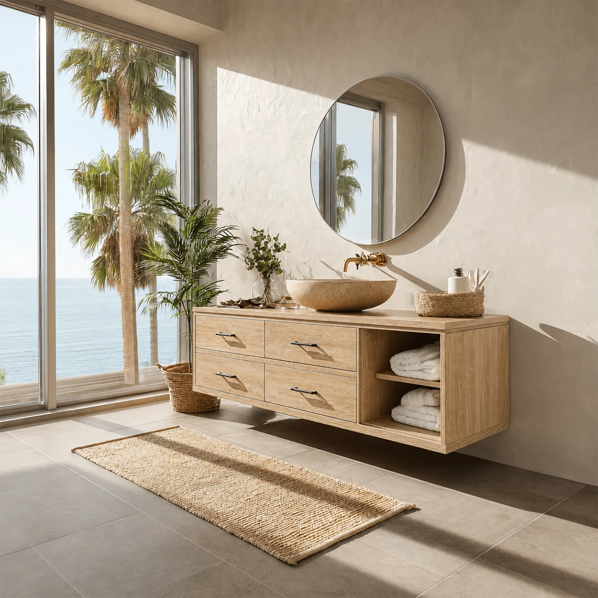 Floating Bathroom Vanity with Open Shelf and Four Drawers in Natural Solid Wood - Livewoodcraft - 2