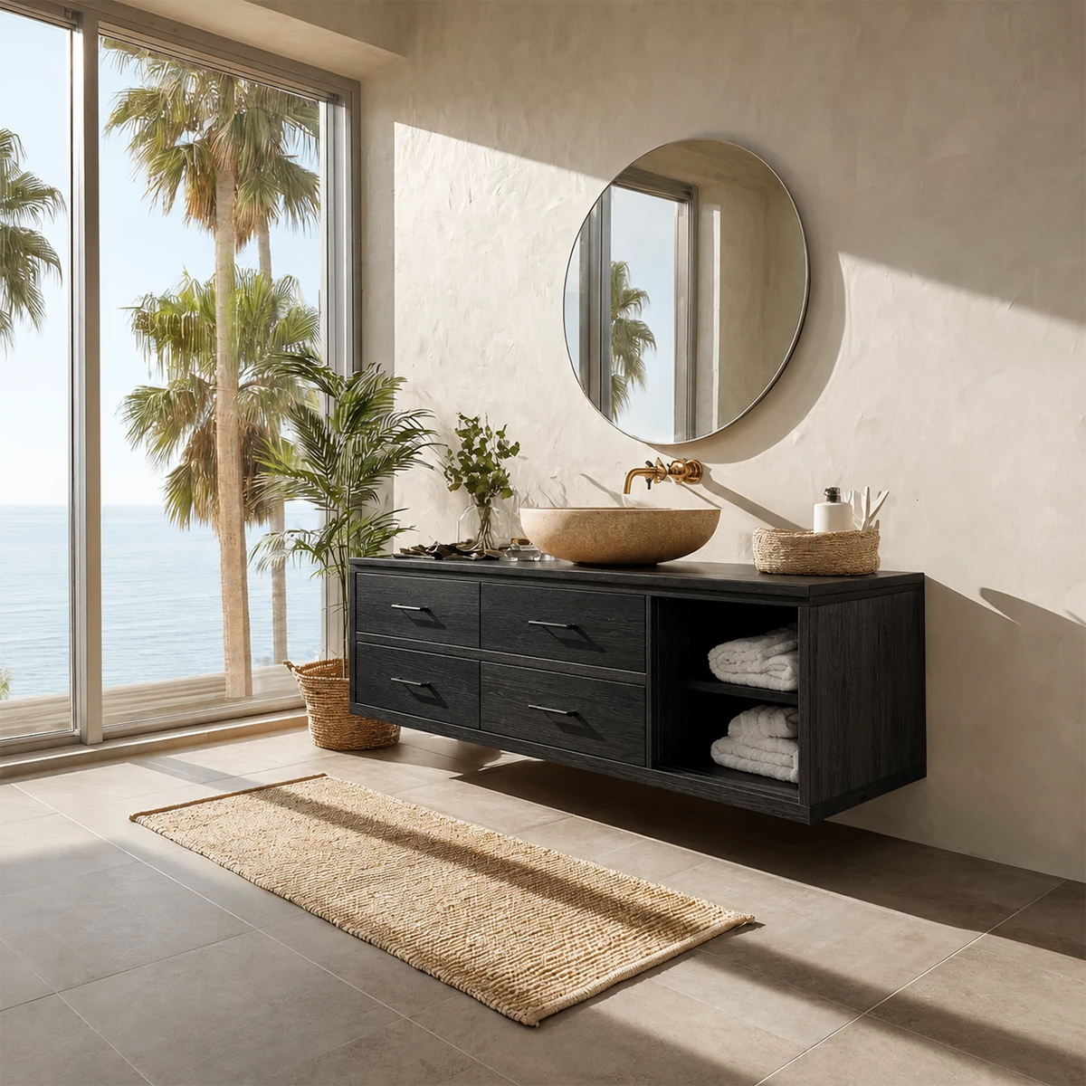 Floating Bathroom Vanity with Open Shelf and Four Drawers in Natural Solid Wood - Livewoodcraft - 3