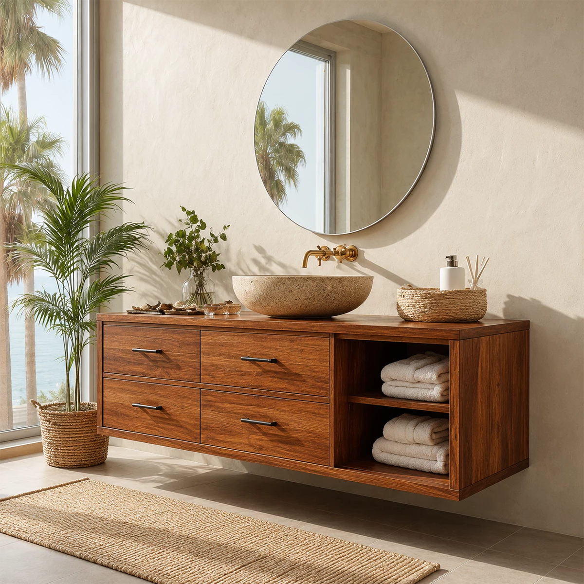 Floating Bathroom Vanity with Open Shelf and Four Drawers in Natural Solid Wood - Livewoodcraft - 4