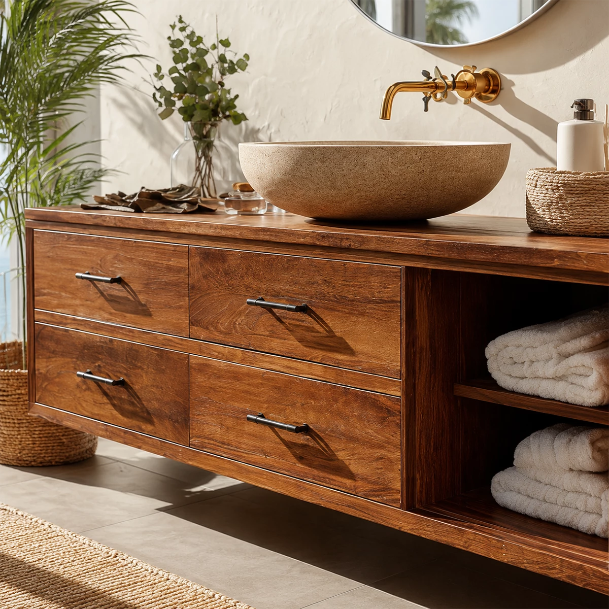 Floating Bathroom Vanity with Open Shelf and Four Drawers in Natural Solid Wood - Livewoodcraft - 5
