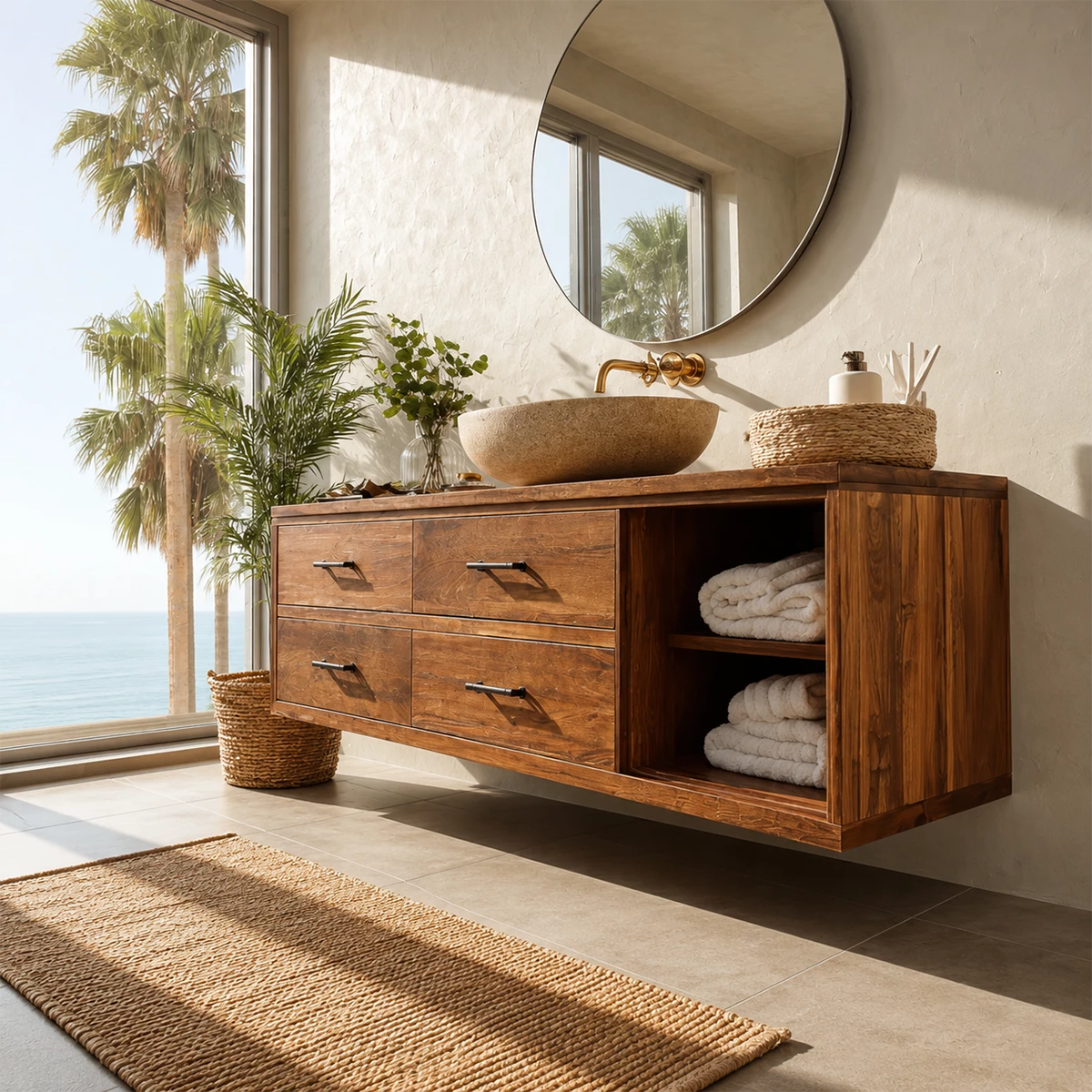 Floating Bathroom Vanity with Open Shelf and Four Drawers in Natural Solid Wood - Livewoodcraft - 6