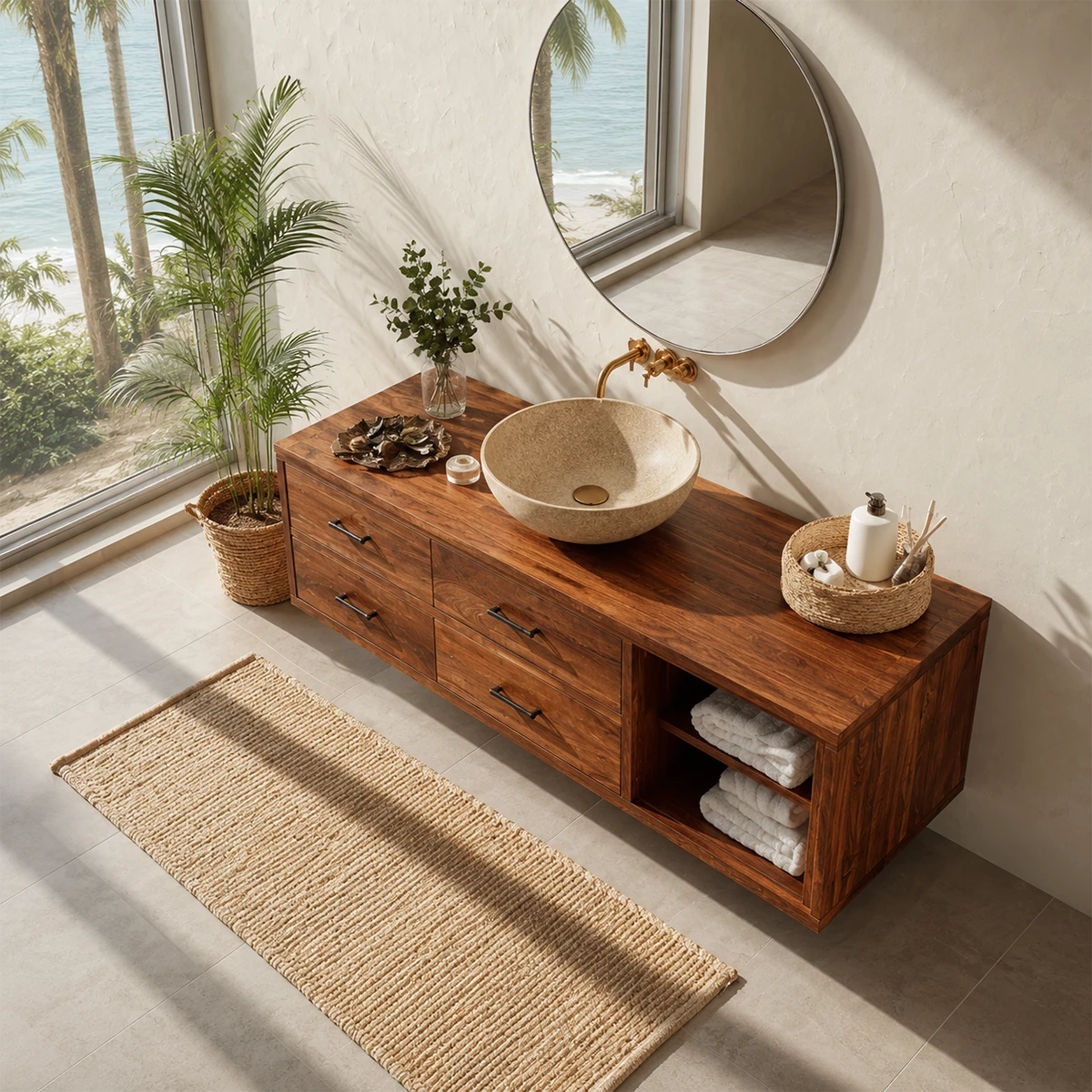 Floating Bathroom Vanity with Open Shelf and Four Drawers in Natural Solid Wood - Livewoodcraft - 7