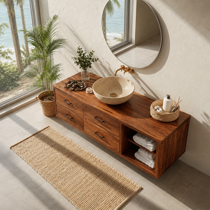 Floating Bathroom Vanity with Open Shelf and Four Drawers in Natural Solid Wood - Livewoodcraft - 7