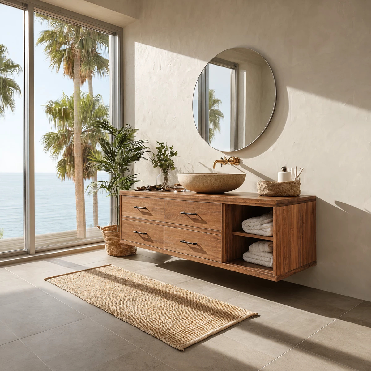 Floating Bathroom Vanity with Open Shelf and Four Drawers in Natural Solid Wood - Livewoodcraft - 8