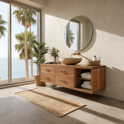 Floating Bathroom Vanity with Open Shelf and Four Drawers in Natural Solid Wood - Livewoodcraft - 8