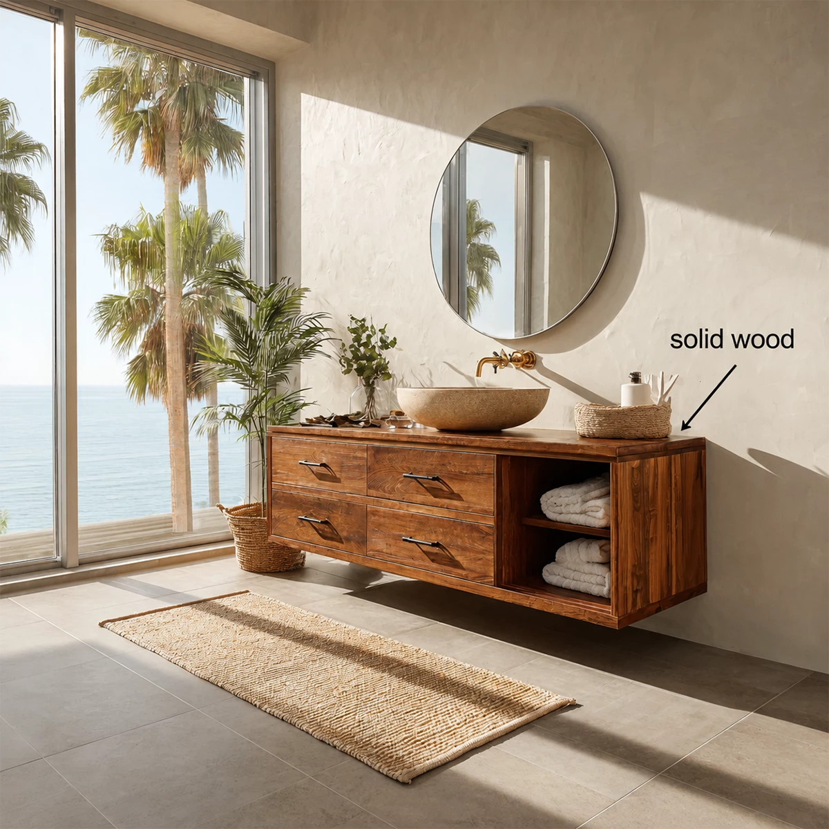 Floating Bathroom Vanity with Open Shelf and Four Drawers in Natural Solid Wood - Livewoodcraft - 9